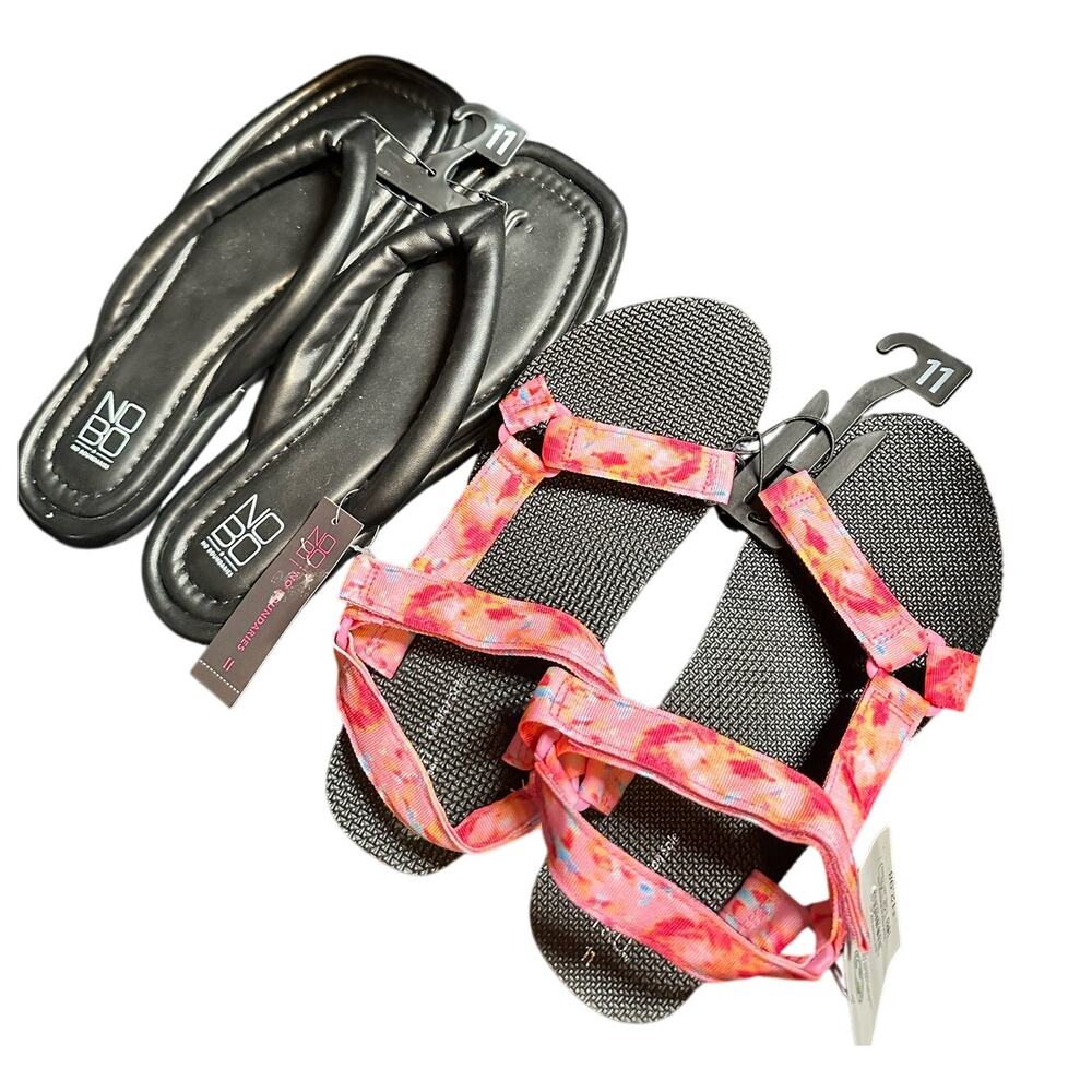 2 pair of Women’s Shoes Size 11, Black Puff Flip Flops, Pink Nature Sandal, New
